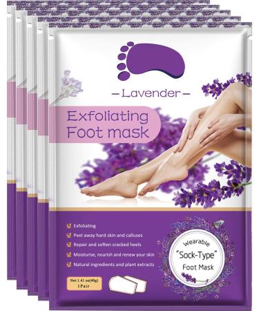 Foot Peel Mask 5 Pack,Lavender Exfoliating Foot Masks, Soft Smooth Touch Natural Exfoliator for Dry Dead Skin, Callus, Repair Rough Heels,Gifts for Women Mom and Men