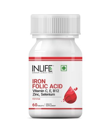 INLIFE Chelated Iron Folic Acid Supplement with Vitamin C E B12 Zinc & Selenium for Men Women - 60 Tablets