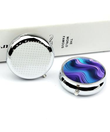 Round Pill Box - Wavy Purple Print | 3 Compartment Portable Medicine Organizer | Decorative Metal Pocket Pill Case - Buy Online on GoSupps.com