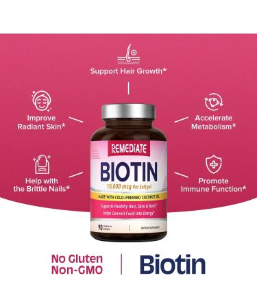 Biotin 10,000 mcg with Coconut Oil - Vegetarian Hair, Skin & Nails Health Support - 90 Softgels - Buy Online on GoSupps.com