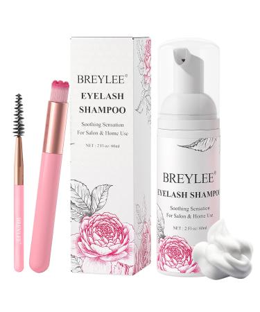 Eyelash shampoo for eyelash extensions Breylee eyelash shampoo eyelash care with 2 mascara brushes eyes make-up remover eyelashes for salon and home use (60 ml 2 fl oz)