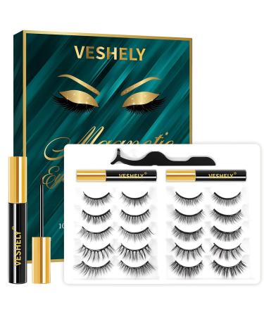 VESHELY Magnetic Eyelashes with Eyeliner ,Natural Looking Magnetic Eyelash Kit Waterproof,10 Pairs 3D/6D False Fake Eye Lashes Sets Pack and 2022 Upgrade Liners - Easy to Remove