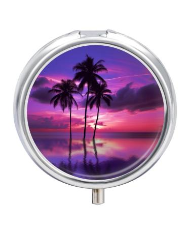 Pill Box Pill Case 3 Compartment Travel Pill Box Palm Tree Purple Sunset Printing Small Pill Box Portable Medicine Pill Case Pill Organizer for Purse & Pocket for Travel Handbag (Round)