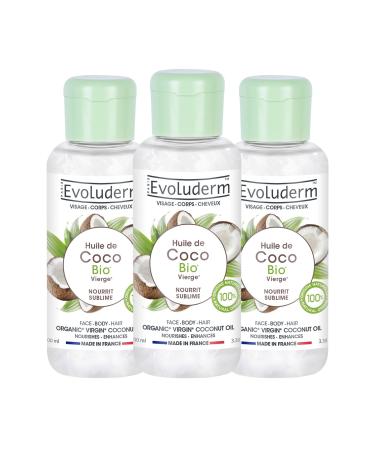 EVOLUDERM - Organic Virgin Coconut Oil - Vegetable Oil - Face, Body, Hair - 100 ml - 100% Natural Origin - Vegan - Made in France - Pack of 3 x 100 ml