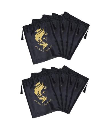 10 pieces satin wig pockets with cord strain soft packaging bags hair extension tools gift bags travel bags (black)