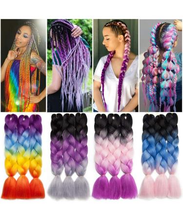 60cm Ombre Braided Hair Extensions - Dark Blue to Rose Red to Blonde 5 Bundles Synthetic Jumbo Braids for Crochet Art Hair - Buy Online on GoSupps.com
