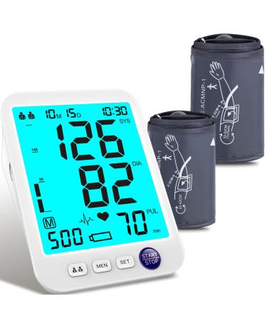 Blood Pressure Monitor-2 Size Cuffs Included Automatic Blood Pressure Machine XL Cuff for Big Arms 13-21”-Medium/Large Cuff 9"-17"Extra Large Backlit LCD Heart Rate Detection Two User 1000 Mem (Blue monitor + 2 cuff sizes …