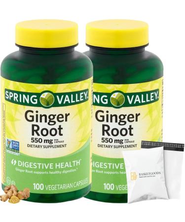 Spring Valley Ginger Root 550mg Dietary Supplement Capsules Digestive Health 100 Count per Bottle (Pack of 2) Set with Basket Goods Store Polybag (1)