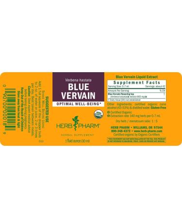 Herb Pharm Certified Organic Vervain Liquid Extract Blue 1 Fl Oz 1 Fl Oz (Pack of 1) - Buy Online on GoSupps.com