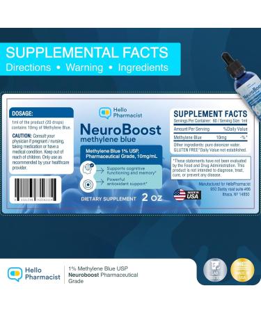 HelloPharmacist Neuroboost Methylene Blue Pharmaceutical Grade Supplement 1% Pharmacist Formulated - USP Grade Lab Certified for Humans | Support for Brain Fog, Focus, Memory, Energy | 2 oz - Buy Online on GoSupps.com