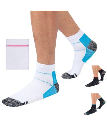 360 RELIEF - Compression Ankle Socks for Sprained Ankle Supports | Arch Pain Plantar Fasciitis Foot Swelling Travel Flight Heel Spurs Pregnancy | L/XL White/Blue with Mesh Laundry Bag | L/XL White/Blue