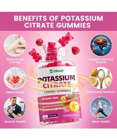 Potassium Citrate Gummies 1200mg Sugar-Free Potassium Supplement for Adults Women & Men Supports Leg Cramps & Muscle & Heart Health Vegan Gluten Free - Raspberry Flavor (120 Count) 60 Count (Pack of 2) - Buy Online on GoSupps.com