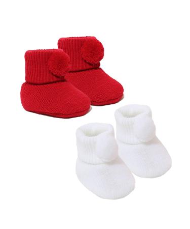 Royal Icon Newborn Baby Booties 0-3 Months Baby Boys Girls Pom Pom Booties Adorable Warm Soft Stylish Bootees Ideal for Indoor and Outdoor Use RI408 3 Months White Red Ri408