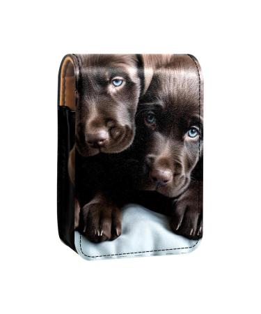 Travel Lipstick Organizer Case Lipstick Case Portable Makeup Bag With Mirror Black and Gray Puppies B124f3unmn