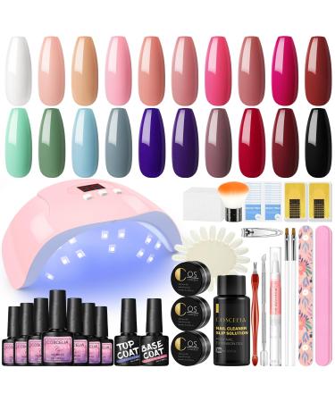 COSCELIA Gel Nail Polish Kit with Led Light 20 Colors Gel Nail Set Pink White Clear U V Nail Gel with Nail Slip Solution Base and Top Coat Nail Art Tools False Nail Swatches Wheels DIY Salon at Home