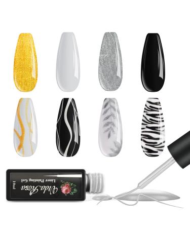 4x Gel Nail Liner Polish Pen UV LED Painting Gel Polish Set for 3D Nail Art DIY Nail Design Pull Line Pen Nail Drawing Nail Painting Polish for Manicure Salon Classic Black & White & Gold & Silver 4 colors