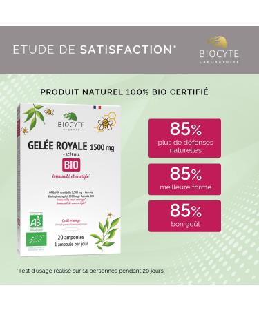 BIOCYTE Organic Royal Jelly - Natural Food Supplement Immunity & Energy Reduces Fatigue - Organic Royal Jelly Vitamin C Organic Acerola - Orange Flavor - 20 Ampoules - 20 Days Program - Buy Online on GoSupps.com