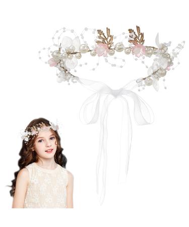 Healeved Flower Crown Headband - Flower Pearl Hair Accessories for Girls Wedding Flower Headband for Bridal Women Girls Wedding Party - Festival Hair Accessories