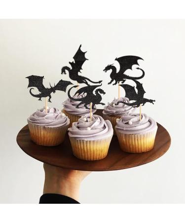 25PCS Dragon Cupcake Toppers Glitter Fantasy Birthday Cupcake Flying Dragon Cupcake Toppers Theme Baby Shower Kids Birthday Party Cake Decorations Supplies Black - Buy Online on GoSupps.com
