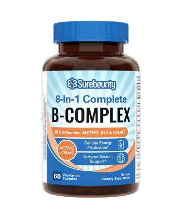 Surebounty 8-in-1 Vitamin B Complex Capsules for Women & Men, Super B Complex Vitamins, B12, B1, B2, B3, B5, B6, B9, Biotin, Folate, Methylated Forms, Energy, Nerve, Blood Support, 60 Caps