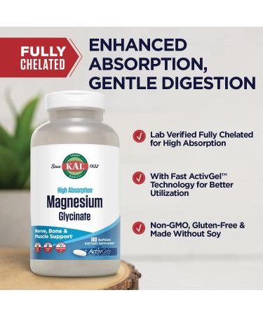 KAL Magnesium Glycinate ActivGels 315mg Fully Chelated High Absorption Magnesium Supplement for Relaxation Muscle & Bone Support Non-GMO Gluten Free 60 Servings 180 Softgels - Buy Online on GoSupps.com