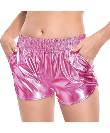 Fenyong Women's Metallic Shiny Shorts with Elastic Waist - Pink Medium - Buy Online on GoSupps.com