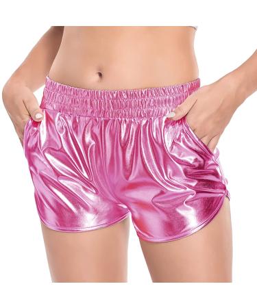 Fenyong Women's Metallic Shorts Shiny Pants with Elastic Waist Hot Rave Dance Pink Large