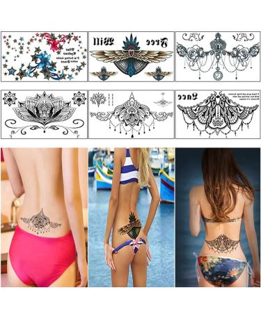 Sexy Chest Lower Back Tattoos Temporary Tattoo Paper for Women Waterproof Fake Tatoo Stickers (6 Sheets)