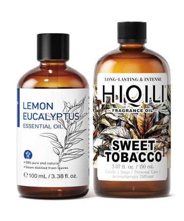 HIQILI 100ML Lemon Eucalyptus Essential Oil & 150ML Sweet Tobacco Fragrance Oil for DIY Diffuser