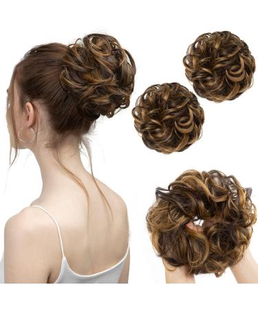 SARLA 2PCS Messy Hair Bun Hair Piece Small Scrunchies Synthetic Bun Hairpieces for Women Girls Updo Hair Extensions (Iced Mocha) Iced Mocha-2PCS