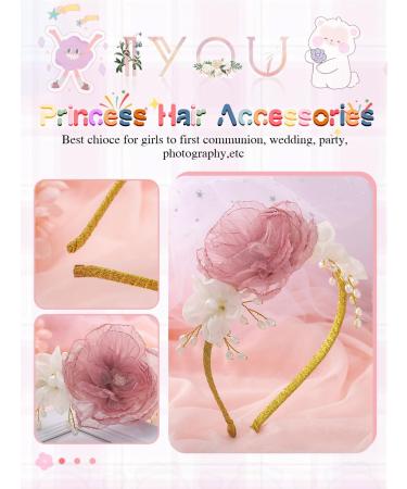 IYOU Girls Princess Headband Pink Flower Hair Bands Pearls Birthday Wedding Communion Hair Accessories for Kids - Buy Online on GoSupps.com
