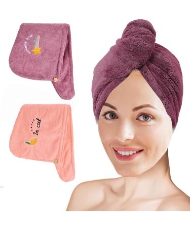 2 Pack Microfiber Hair Towel Wrap for Women - Super Absorbent Fast Drying Turbans for Long Thick Curly Hair - Anti Frizz Hair Turban - Purple&Pink Hair Drying Towel Wrap for Long Hair Pink + Purple