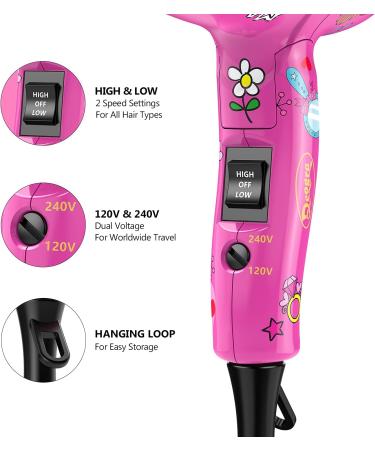 Deogra 1000W Children's Hair Dryer Pink - Portable Mini Hair Dryer for Kids with UK Plug, Dual Voltage for Travel, Includes Concentrator and Diffuser Nozzle - Buy Online on GoSupps.com