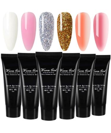 Warm Girl Warm Girl Nail Builder Gel 6 Colors Glitter Hard Gel Nail Extensions Curing Gel UV/LED Gel Color Changing Polygel Nail Manicure Set