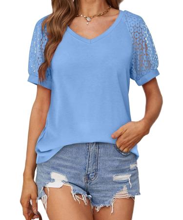 MALAIDOG Womens Lace Puff Sleeve Tunic Blouse - Floral V Neck Tee, Summer Flowy Top Blue - Buy Online on GoSupps.com