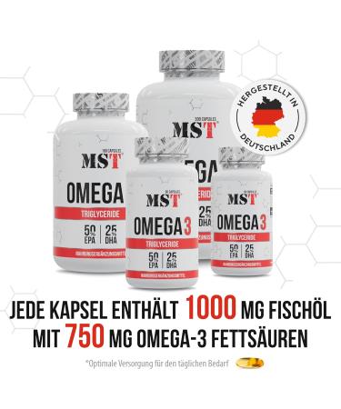 MST Omega 3 triglyceride 75 high dose 1000 mg fish oil per capsule 750 mg omega 3 fatty acids EPA + DHA better bioavailability pure & laboratory tested 180 capsules - Buy Online on GoSupps.com