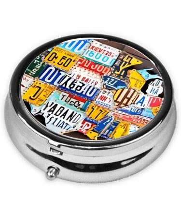Buy License Plate Map Round Pill Box | 3 Compartment Mini Decorative Travel Organizer for Vitamins & Medicine - Buy Online on GoSupps.com