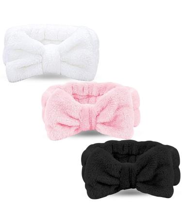 LADES Spa Headband - 3 Pack Bow Hair Band Women Facial Makeup Head Band Soft Coral Fleece Head Wraps For Shower Washing Face (Black+white+pink)