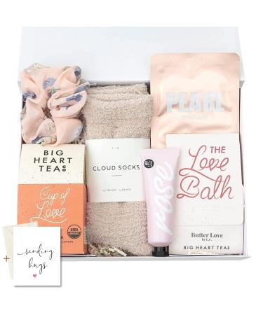Unboxme Gifts Basket For Women - Relaxation Gifts I Self Care Package with Vegan Hand Cream Pearl Sheet Mask Herbal Bath Soak Rose Organic Tea Fluffy Socks Floral Scrunchie & Card