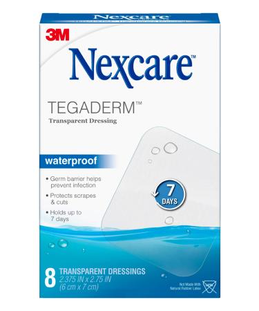 Nexcare Tegaderm Waterproof Transparent Dressing, Dirtproof, Germproof, Provides protection to minor burns, scrapes, cuts, blisters and abrasions 2-3/8 Inches X 2-3/4 Inches, 8 Count One SIze 8 Count (Pack of 1)
