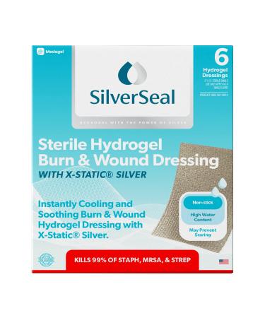 SilverSeal Burn and Wound Dressing Hydrogel Pads with X-Static Silver Soothing Moist & Protective for Burns Cuts & Wounds 2 x 3 Sterile Dressings 6 Count 2x3 Patch (6 Count)