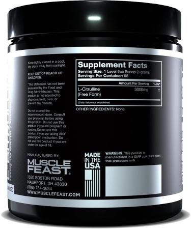 Muscle Feast Premium Vegan L-Citrulline Powder - Nitric Oxide Booster for Enhanced Muscle Pumps & Vascularity | Unflavored 200g - International Shipping Available - Buy Online on GoSupps.com