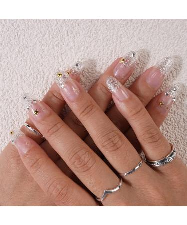 Xerling 24Pcs Bling Silver Glitter Nails Press on with Rhinestones Transparent French Nails for Women Fake Nails for Girls Glossy (Pattern H)