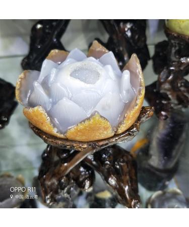 Natural Crystal Rough Natural Agate Geode Lotus Figurine Drusy Cluster Crystal Flower for Home or Wedding Decoration+Fashionable Wooden ba - Buy Online on GoSupps.com