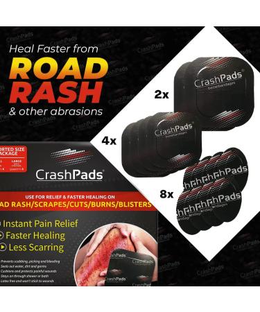 Assorted CrashPads  Adhesive Bandages for Road Rash  Raspberries  Cuts  Scrapes and Burns (Crash Pads roadrash Dressing)  14pcs: 2-Large  4-Medium and 8-Small  Assorted - 14pcs