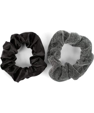 Stylbreaker 2-part hair tie set single-color glossy-glittering elastic scrunch braid hair band 04027031 color: black-silver