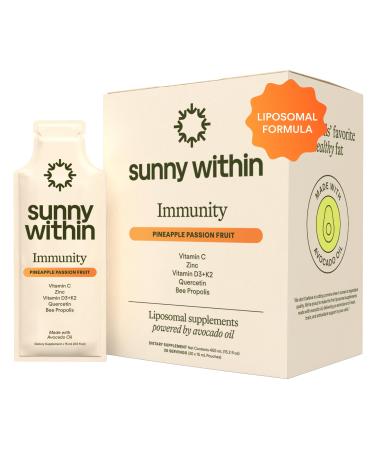 Sunny Within Immunity - 6-in-1 Liposomal Vitamin C Packets Zinc D3 + K2 Quercetin Bee Propolis & Avocado Oil - Antioxidant Liquid Supplement for Immunity Skin & Bone* - 30 Pouches