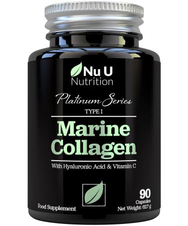 Marine Collagen with Hyaluronic Acid Vitamin C - 90 Hydrolyzed Capsules (not Tablets) - Premium High Strength Collagen Supplements for Women & Men - Type 1 Marine Collagen - Nu U Nutrition