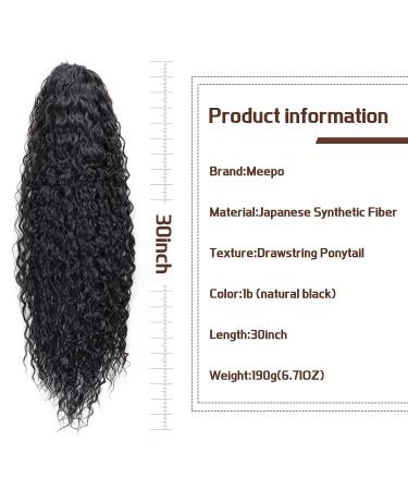 30 Inch Curly Drawstring Ponytail Extensions for Black Women - Natural Black 190g - Human Hair Feel - Thick & Natural Looking - Water Wave Long Ponytail with 2 Clips In - Synthetic Hairpiece - Buy Online on GoSupps.com