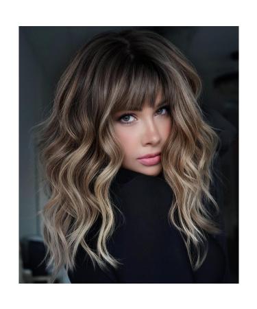 KOME Brown Wig with Bangs Brown Highlight Wavy Wigs for Women Shoulder Length Curly Synthetic Hair Wig for Party Daily Use 18IN 18IN Brown Highlight